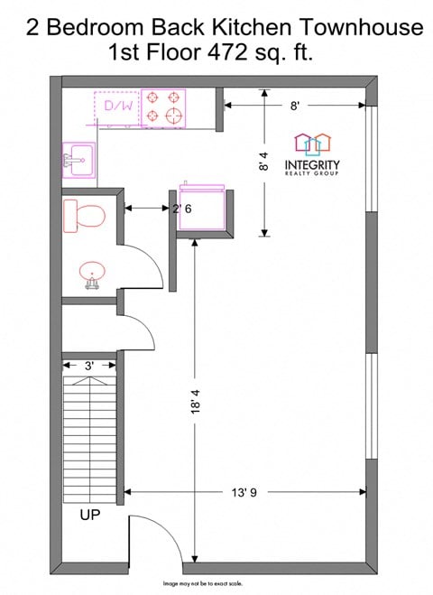 Floor plan for 2 beds, 1.5 baths, 984 sqft